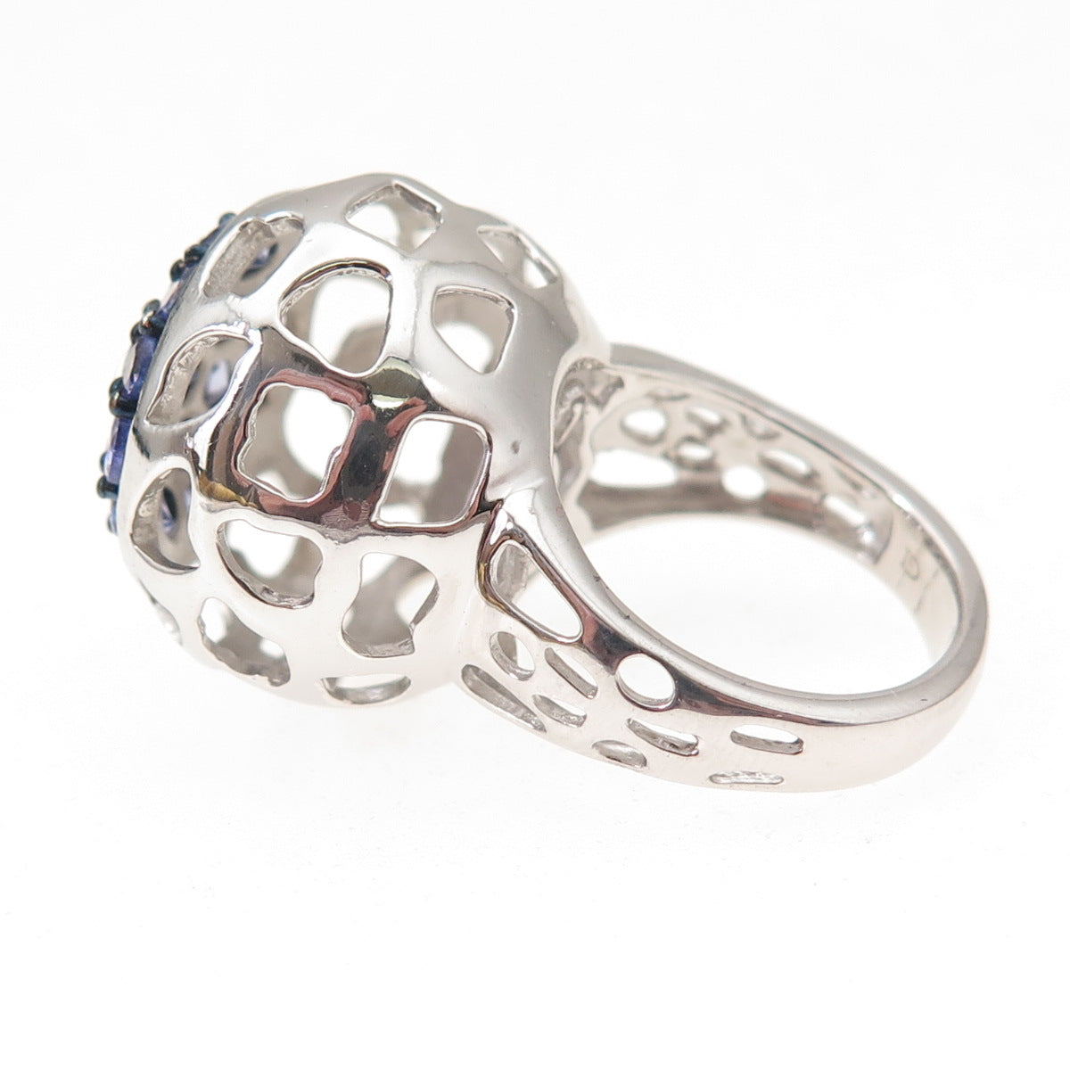 925 Sterling Silver Real Round-Cut Tanzanite Ornate Ball Ring Size 5.25