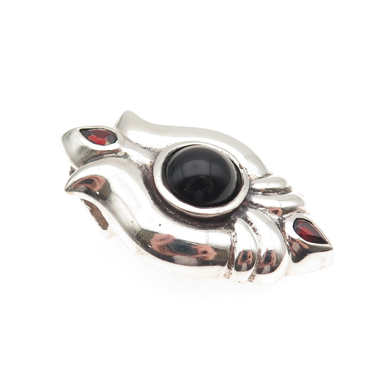 925 Sterling Silver Vintage Real Black Onyx & Red Garnet Modernist Slide Pendant