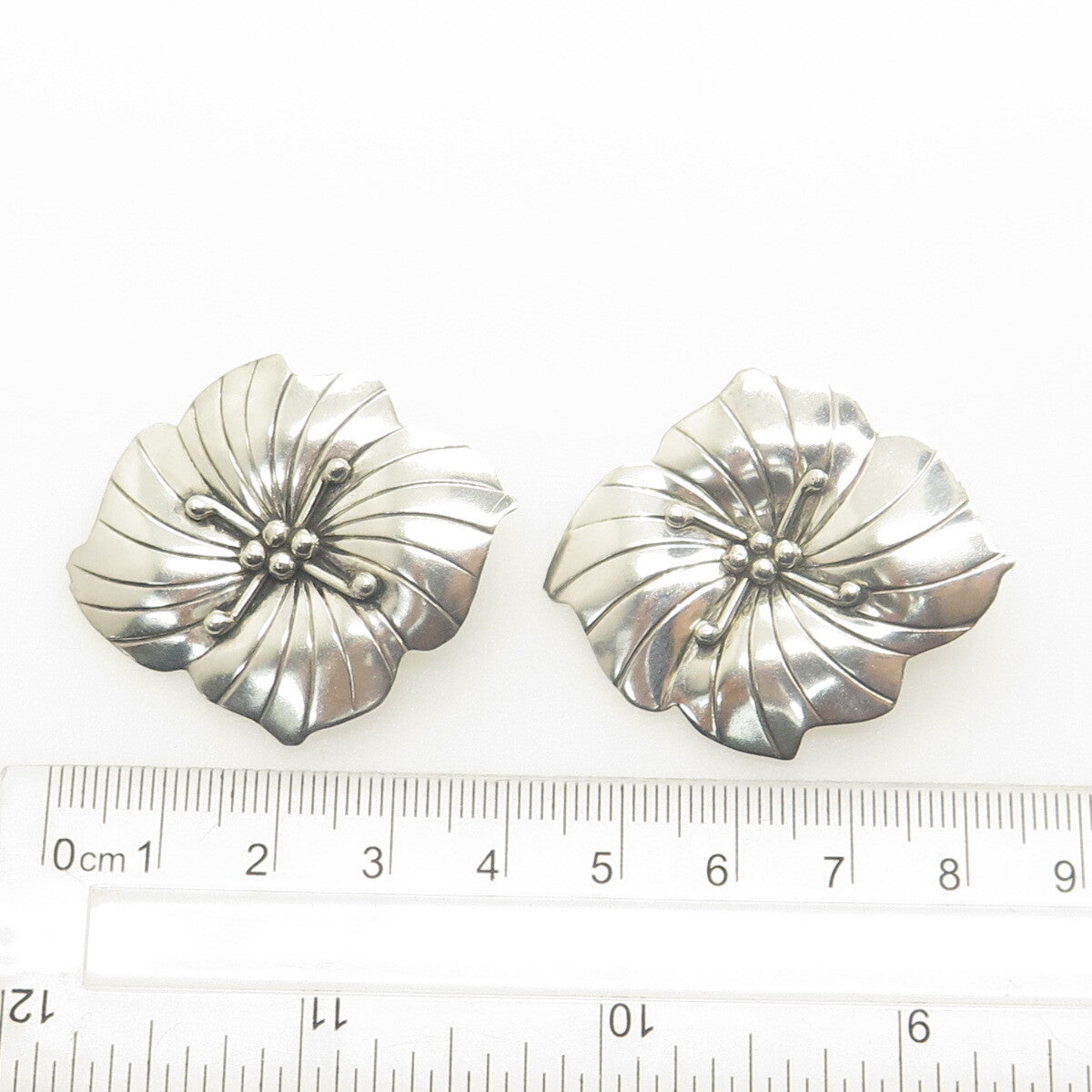 CAROL FELLEY 925 Sterling Silver Vintage 1985 Modernist Flower Clip On Earrings