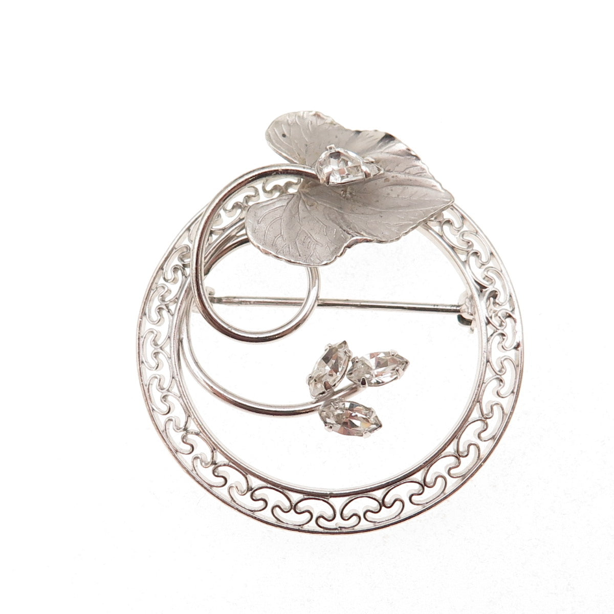 Carl Art Sterling Silver Antique Art Deco Rhinestone Floral Pin Brooch / Pendant