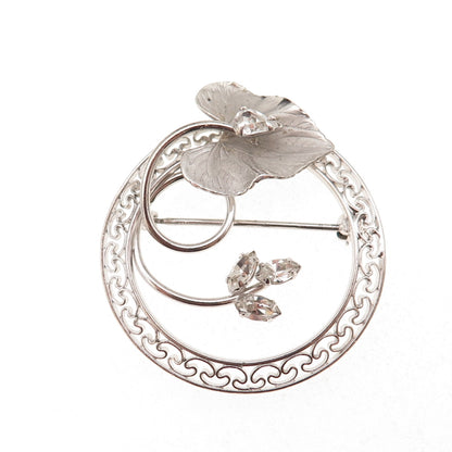Carl Art Sterling Silver Antique Art Deco Rhinestone Floral Pin Brooch / Pendant