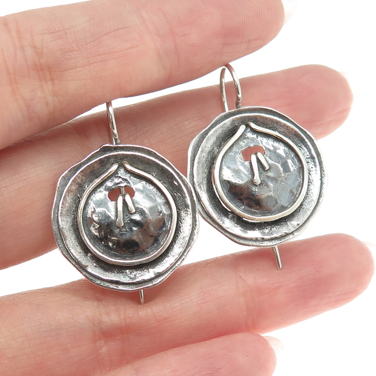 925 Sterling Silver Vintage Modernist Button French Wire Earrings