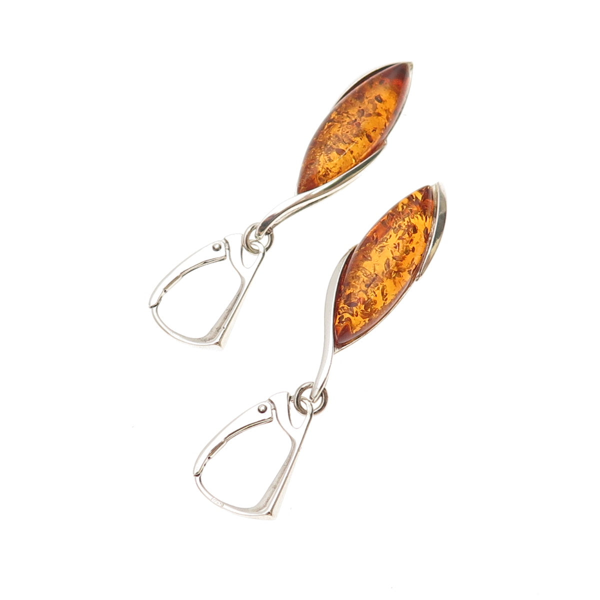 925 Sterling Silver Vintage Real Amber Modernist Dangle Earrings