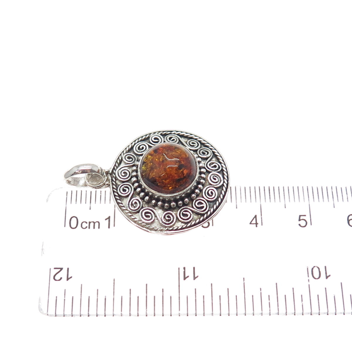925 Sterling Silver Vintage Real Amber Spiral Beaded Oxidized Charm Pendant