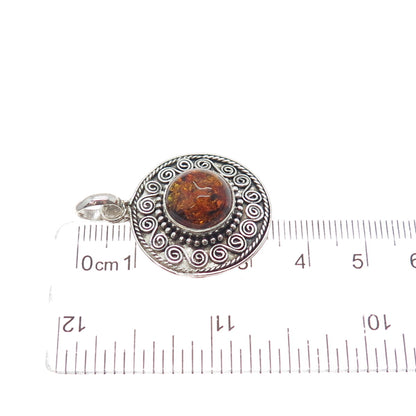 925 Sterling Silver Vintage Real Amber Spiral Beaded Oxidized Charm Pendant