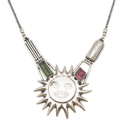 950 Silver Vintage Peru Rock Crystal Pearl & Multi-Tourmaline Sun Necklace 20"