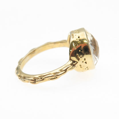 925 Sterling Silver Gold Plated Real Prasiolite Modernist Ring Size 6.75