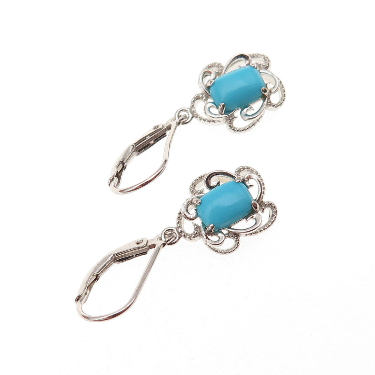 925 Sterling Silver Real Sleeping Beauty Turquoise Floral Dangle Earrings