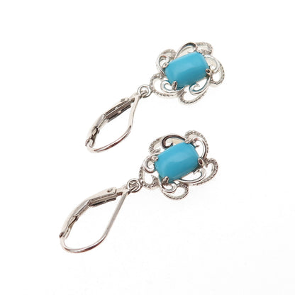 925 Sterling Silver Real Sleeping Beauty Turquoise Floral Dangle Earrings