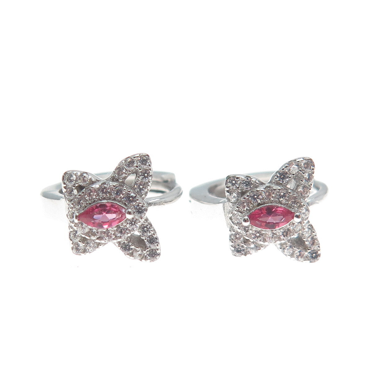 925 Sterling Silver Marquise-Cut Pink & Round White C Z Butterfly Hoop Earrings