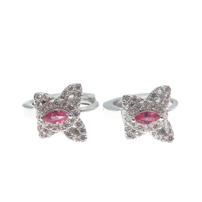 925 Sterling Silver Marquise-Cut Pink & Round White C Z Butterfly Hoop Earrings