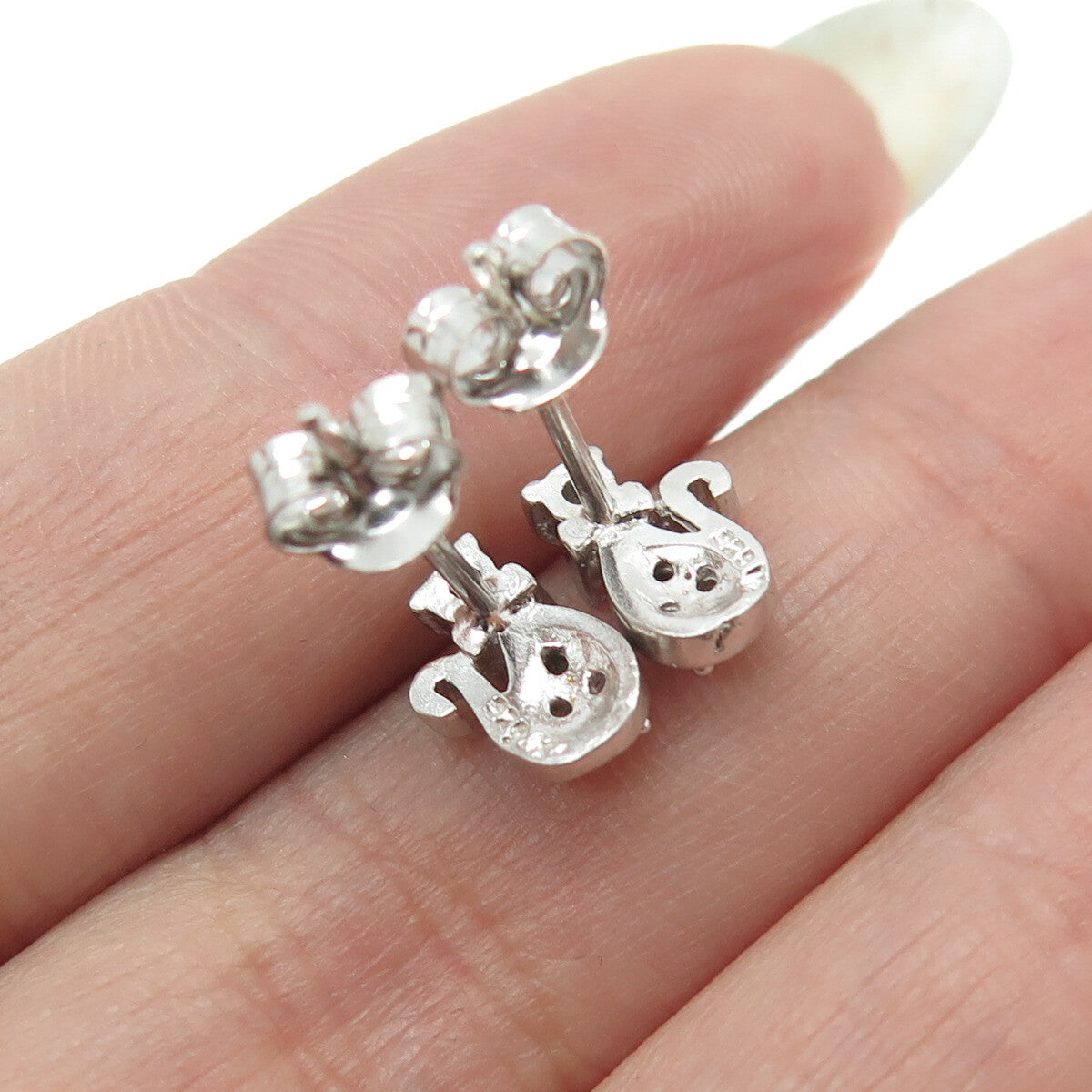 925 Sterling Silver Round-Cut Shaped C Z Cat / Kitty Stud Earrings