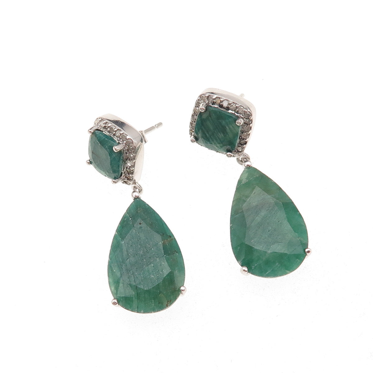 925 Sterling Silver Real Diamond & Emerald Teardrop Dangle Earrings