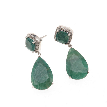 925 Sterling Silver Real Diamond & Emerald Teardrop Dangle Earrings