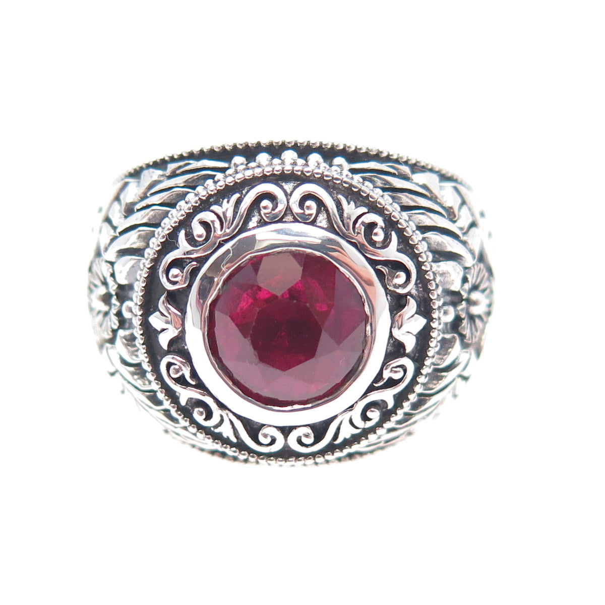 925 Sterling Silver Antique Art Deco Real Ruby Floral Oxidized Ring Size 10.25