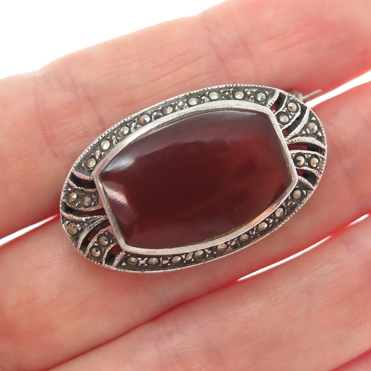 925 Sterling Silver Vintage Real Carnelian & Marcasite Art Deco Style Pin Brooch