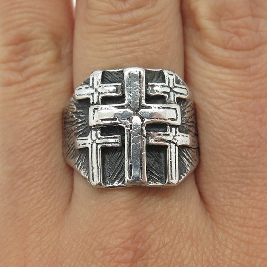 925 Sterling Silver Vintage Cross Oxidized Ring Size 10.25