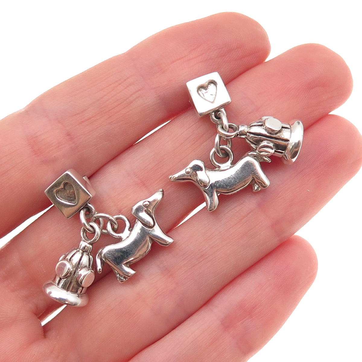 Anne 925 Sterling Silver Vintage Dachshund & Fire Hydrant Dangle Earrings