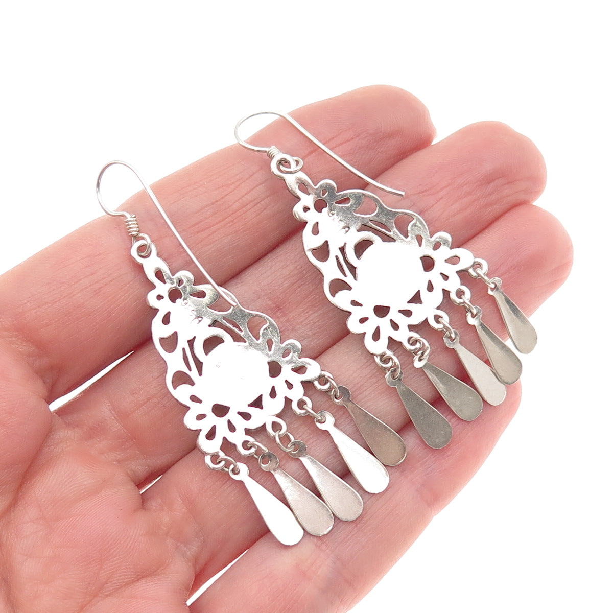 925 Sterling Silver Vintage Real Black Onyx Floral Oxidized Dangle Earrings