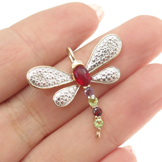 925 Sterling Silver 2Tone Diamond Ruby Garnet Peridot Amethyst Dragonfly Pendant