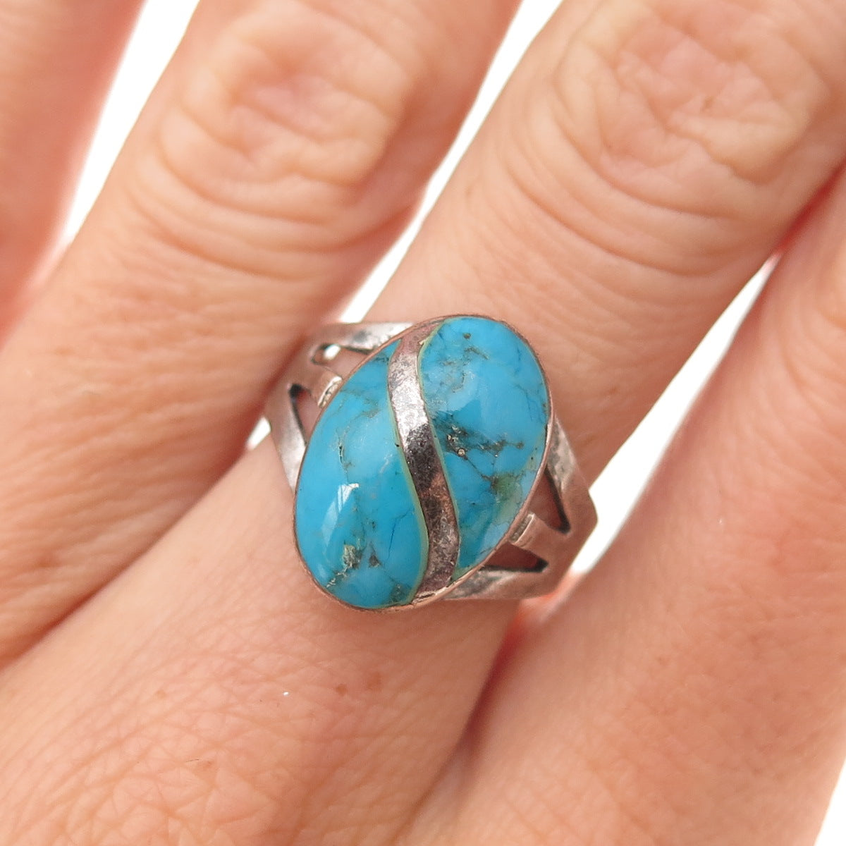 925 Sterling Silver Vintage Real Turquoise Yin Yang Oxidized Ring Size 6.75