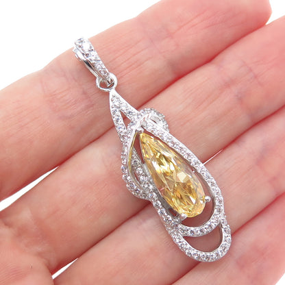 925 Sterling Silver Pear-Cut Canary & Round-Cut White C Z Twisted Charm Pendant