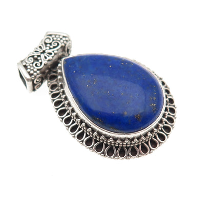 925 Sterling Silver Vintage Real Lapis Swirl Teardrop Oxidized Slide Pendant