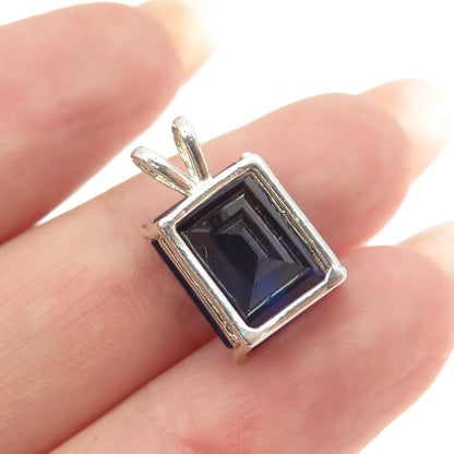 925 Sterling Silver Vintage Emerald-Cut Lab-Created Sapphire Pendant