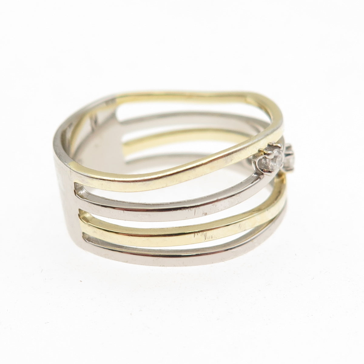 Ideaure 925 Sterling Silver 2-Tone Round-Cut C Z 4-Row Wavy Ring Size 10.25