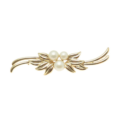 MAJORICA 925 Sterling Silver Gold Plated Vintage Faux Pearl Leaf Pin Brooch