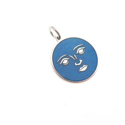 925 Sterling Silver Blue Enamel Moon Face Round Tag Mini Charm Pendant