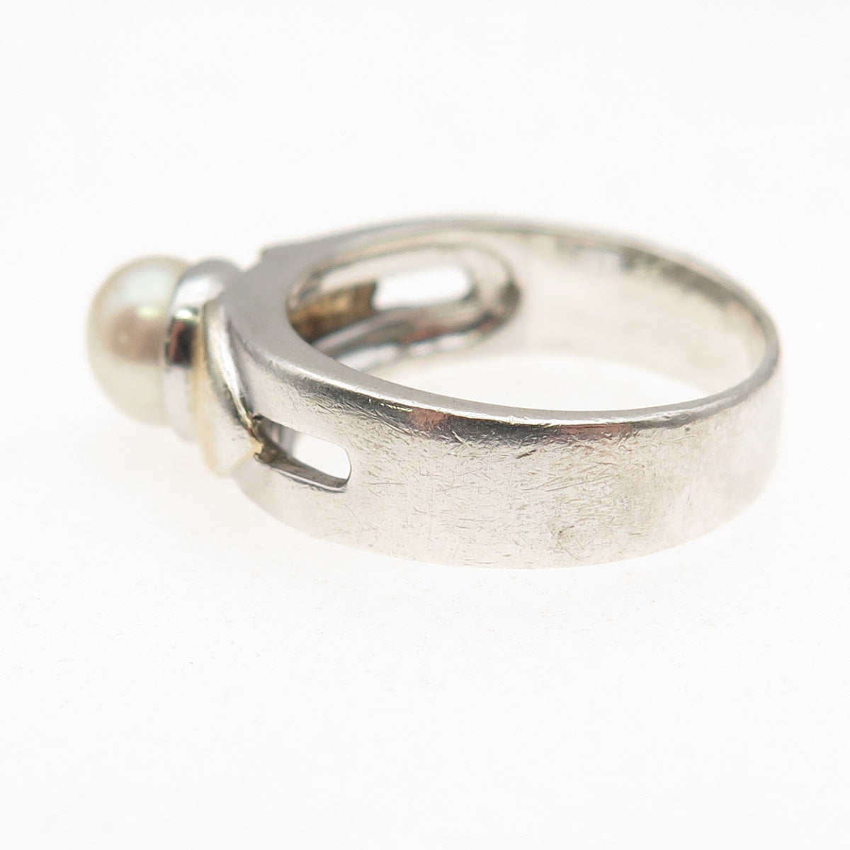 925 Sterling Silver 2-Tone Vintage Real Pearl Modernist Oxidized Ring Size 7.75