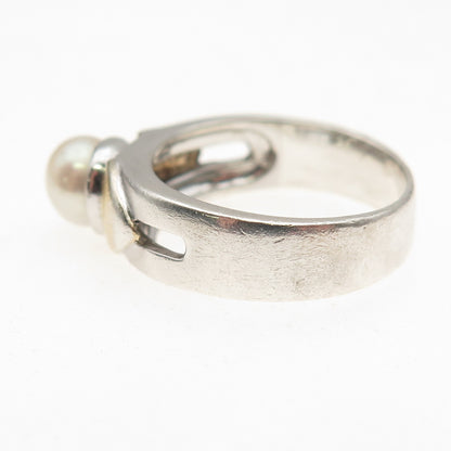 925 Sterling Silver 2-Tone Vintage Real Pearl Modernist Oxidized Ring Size 7.75