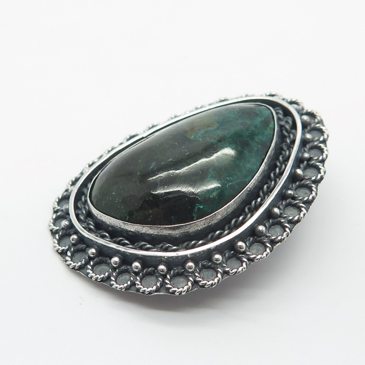 925 Sterling Silver Vintage Real Chrysocolla Gemstone Pin Brooch / Pendant