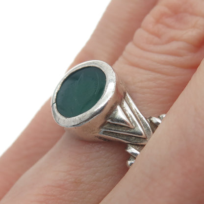 SMS CREATIONS 925 Sterling Vintage Real Carved Green Onyx Soldier Ring Size 6.75