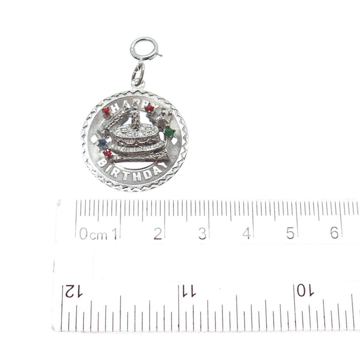 ELCO Sterling Silver Vintage Rhinestone Happy Birthday Cake Spring Ring Pendant