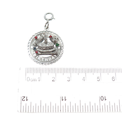 ELCO Sterling Silver Vintage Rhinestone Happy Birthday Cake Spring Ring Pendant