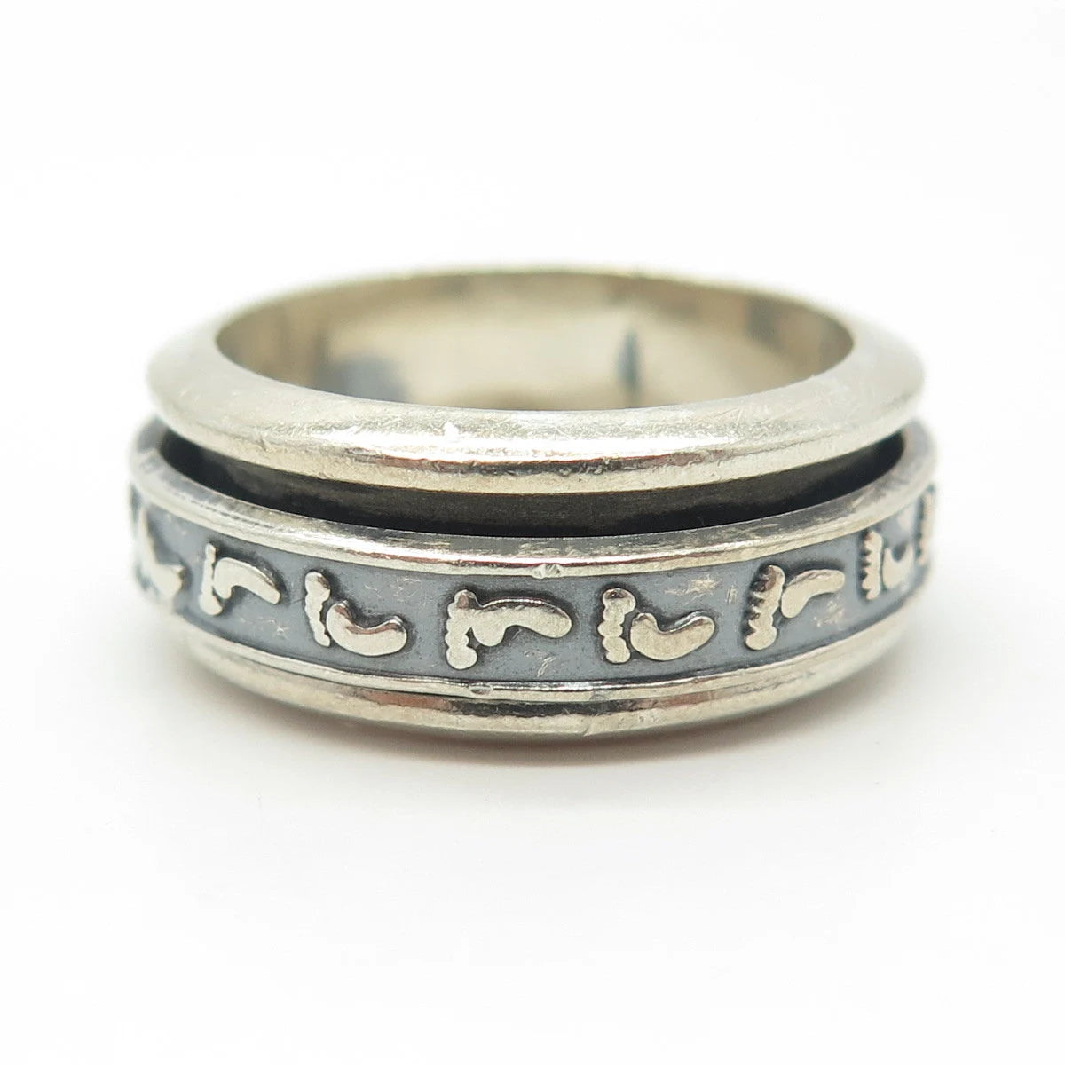 925 Sterling Silver Vintage Footprints Rotating Band Ring Size 10