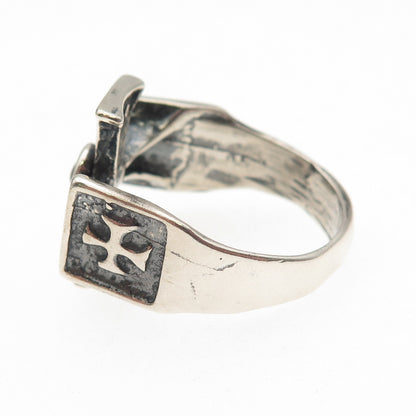 925 Sterling Silver Vintage Real Rhodolite Gothic Cross Oxidized Ring Size 12