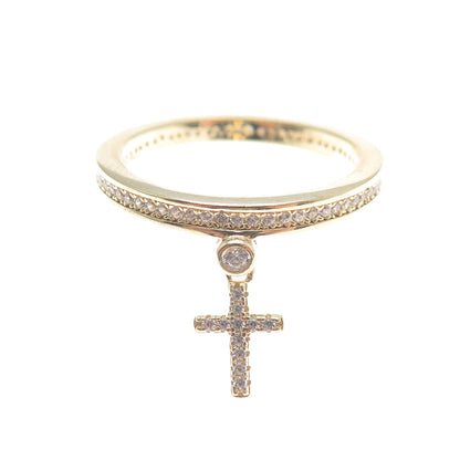 MILOR 925 Sterling Silver Gold Plated Italy C Z Cross Dangle Charm Ring Size 10