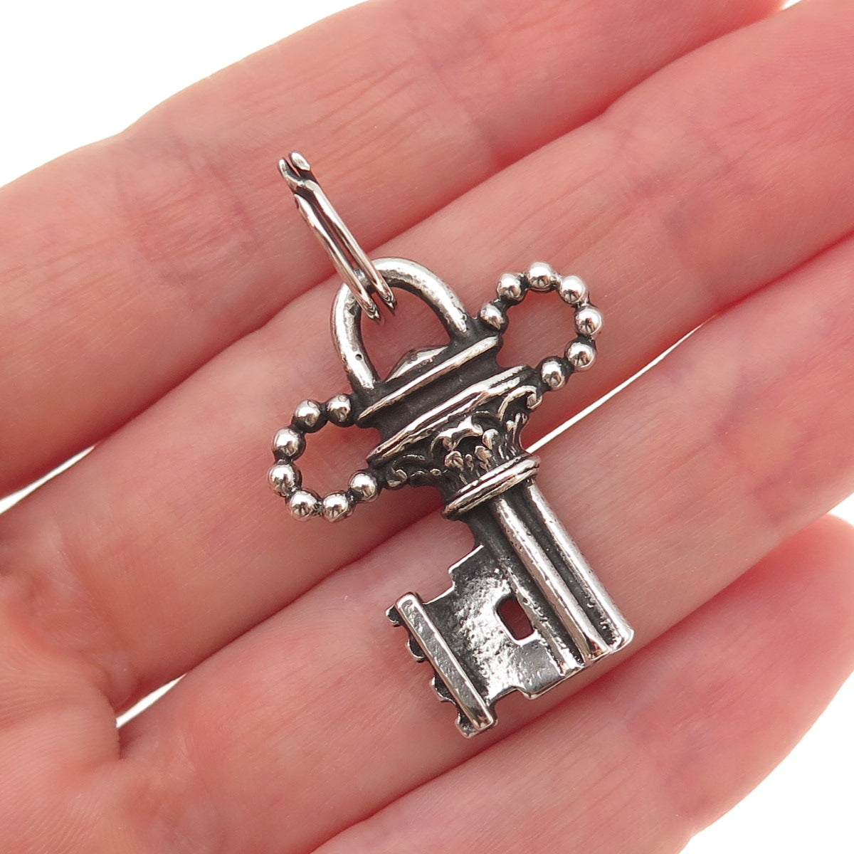 925 Sterling Silver Antique Art Deco Floral Key Oxidized Charm Pendant