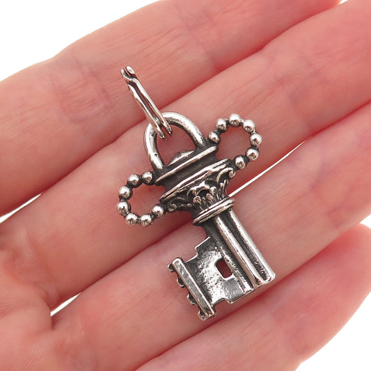925 Sterling Silver Antique Art Deco Floral Key Oxidized Charm Pendant