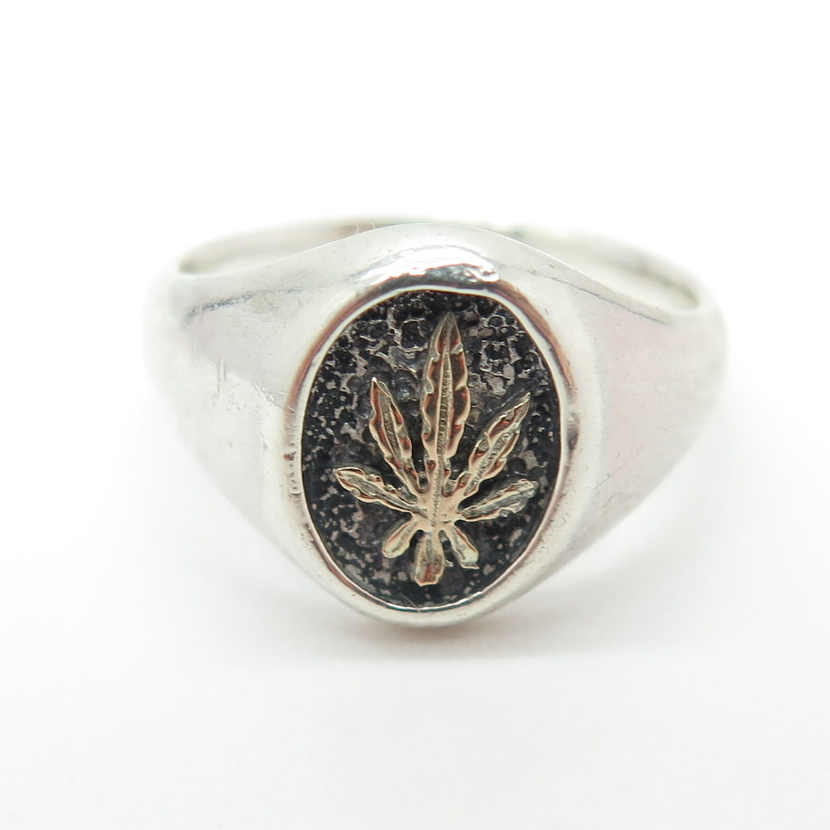 925 Sterling Silver & 10K Gold Vintage Cannabis Leaf Signet Ring Size 8.5