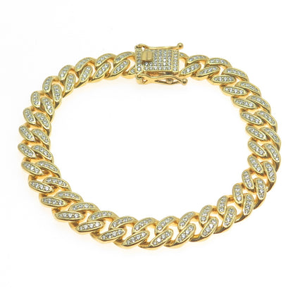 REL 925 Sterling Silver Gold Plated Round-Cut C Z Cuban Link Bracelet 8.25"