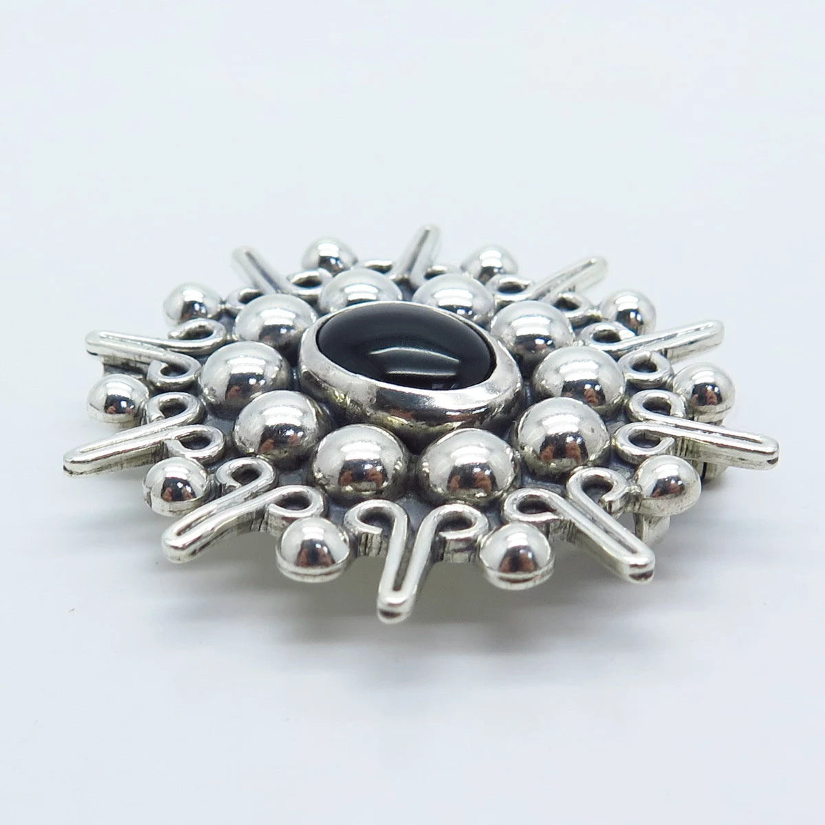 925 Sterling Silver Vintage Mexico Carsi Black Onyx Gem Beaded Brooch / Pendant