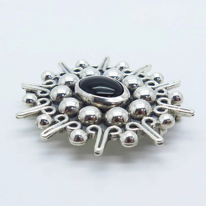 925 Sterling Silver Vintage Mexico Carsi Black Onyx Gem Beaded Brooch / Pendant