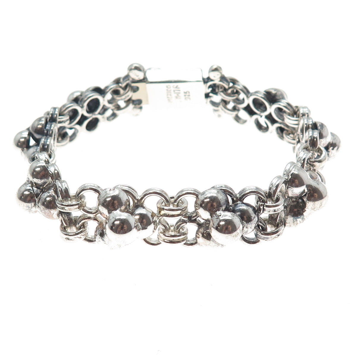 925 Sterling Silver Vintage Mexico Modernist Flower Beaded Bracelet 7.25"