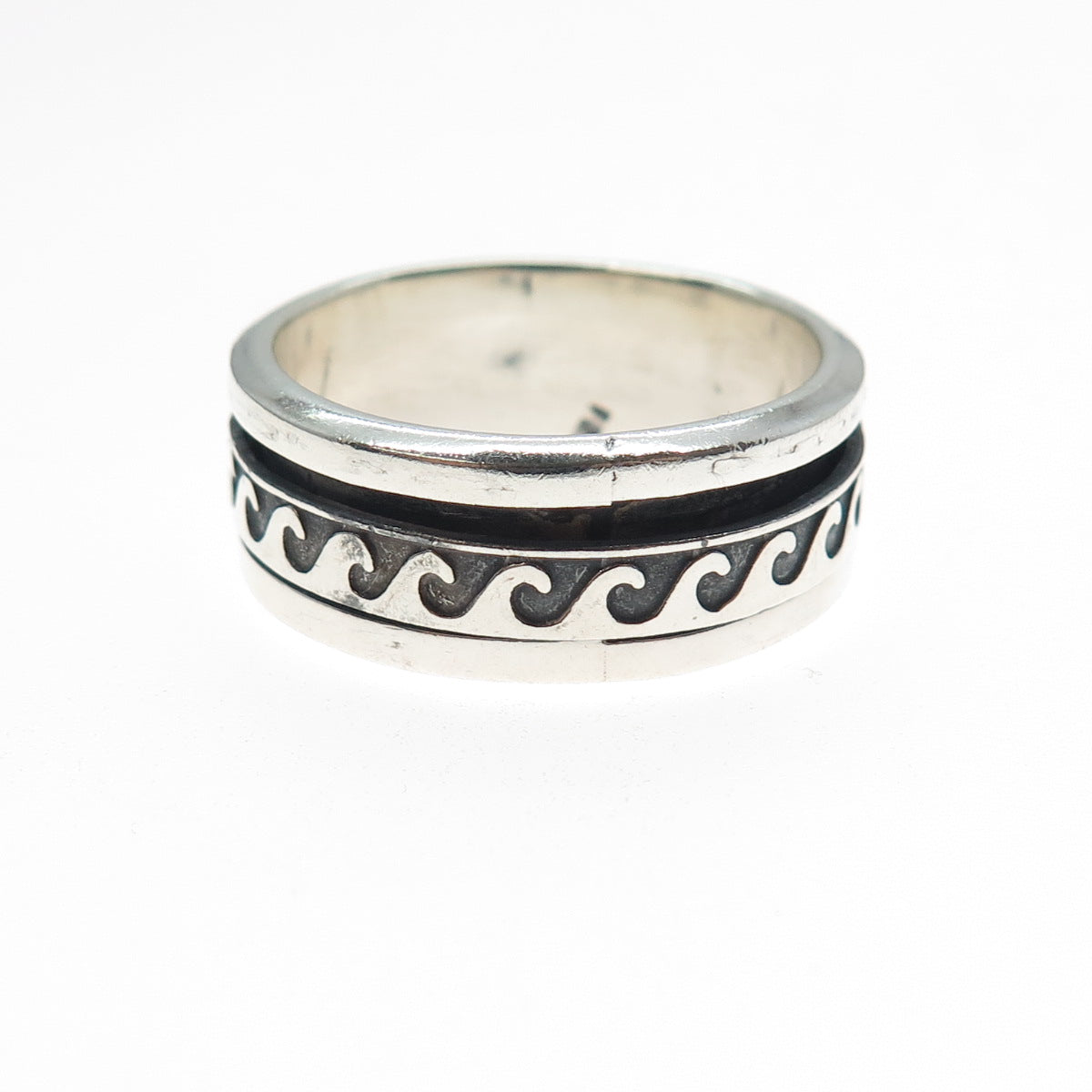925 Sterling Silver Vintage Wave Rotating Band Oxidized Ring Size 12.75