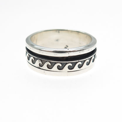 925 Sterling Silver Vintage Wave Rotating Band Oxidized Ring Size 12.75