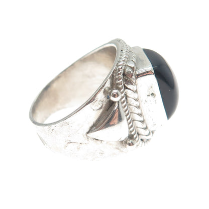 925 Sterling Silver Vintage Real Black Onyx Roped Bezel Oxidized Ring Size 7.25